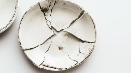 A broken ceramic plate, with sharp shards and cracked edges, placed on a white background to highlight the damage.の素材