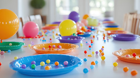 A children's party table with colorful plates, confetti, and a playful centerpiece featuring balloons.の素材