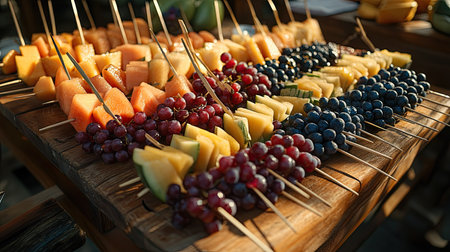 A delicious spread of fruit skewers with a variety of fruits, including blueberries, melon, and grapes, for a buffet event.の素材