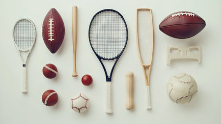 A clean white background showcasing assorted sports equipment, including a baseball, football, and tennis racket.の素材