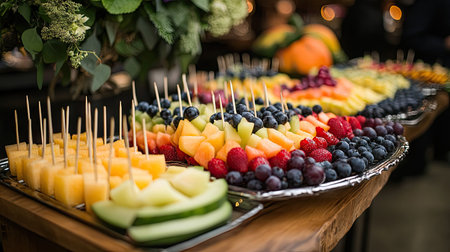 A delicious spread of fruit skewers with a variety of fruits, including blueberries, melon, and grapes, for a buffet event.の素材
