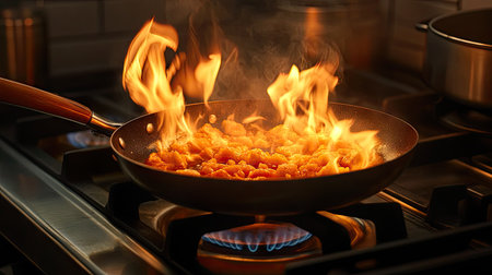 A close-up shot of a frying pan on a gas burner with flames rising and food frying inside the pan.の素材