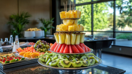 A colorful fruit skewer tower placed on a buffet table, featuring watermelon, kiwi, and pineapple pieces.の素材
