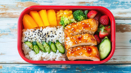 A colorful Japanese bento lunch box featuring rice, teriyaki chicken, veggies, and a small portion of fruit.の素材