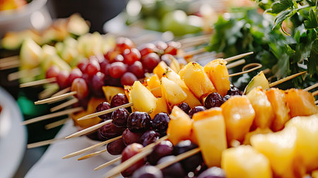 A close-up of assorted fresh fruit skewers with colorful chunks of pineapple, grapes, and melon for a festive party.の素材
