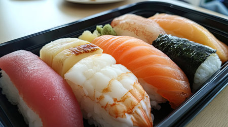 A close-up of a Japanese bento box with a variety of sushi, rice, and a small portion of pickled vegetables.の素材