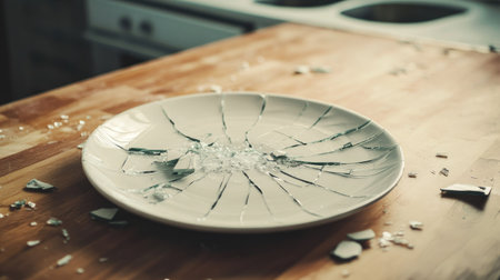 A close-up of a cracked ceramic plate with broken pieces scattered on a wooden countertop, symbolizing a kitchen accident.の素材