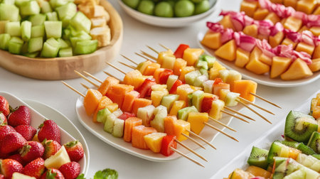 A festive buffet table with fresh fruit skewers displayed alongside other party foods, with bright, colorful fruits.の素材