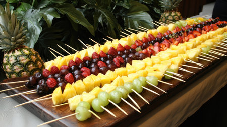 A display of fresh fruit skewers on a long tray, with pineapple, strawberries, and grapes, ready for a party.の素材