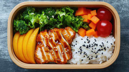 A colorful Japanese bento lunch box featuring rice, teriyaki chicken, veggies, and a small portion of fruit.の素材