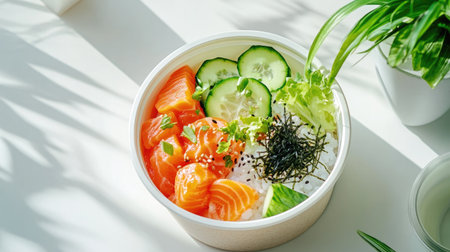 A colorful poke bowl with salmon, cucumber, and seaweed, served in a take-out container on a white surface.の素材