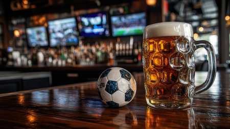 A close-up of a beer mug and a soccer ball on a wooden bar top with TV screens in the background.の素材