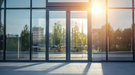 A close-up of sleek aluminum sliding doors with large glass panes, reflecting a bright sunny sky.の素材