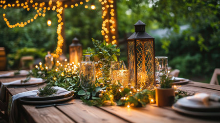 A festive outdoor table setting with lanterns, fairy lights, and rustic wooden decor surrounded by greenery.の素材