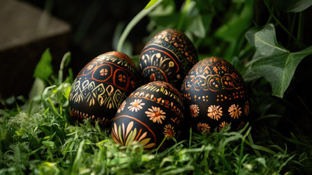Hand-painted Easter eggs featuring traditional folk art motifs resting on a bed of fresh green grassの素材