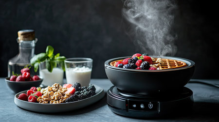 A contemporary waffle maker steaming, with a tray of fresh ingredients like nuts, berries, and yogurt beside it.の素材