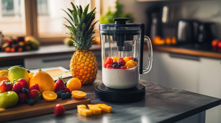 A countertop filled with fresh fruit and a blender mid-blend, with smoothie recipe books in the background.の素材