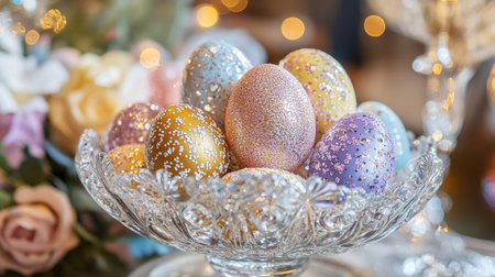 Easter eggs decorated with shimmering glitter and rhinestones arranged in an ornate crystal bowlの素材