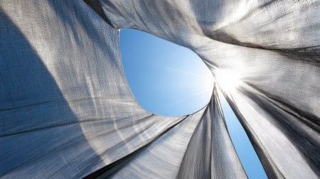 A close-up shot of a beach umbrella's fabric, with a clear blue sky and the sun shining through.の素材