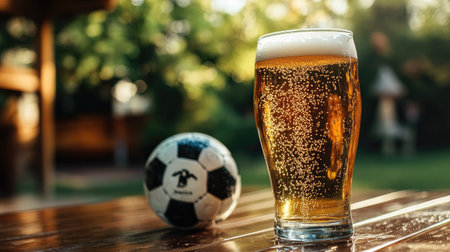 A clear beer glass with bubbles rising, sitting beside a soccer ball on a patio table.の素材