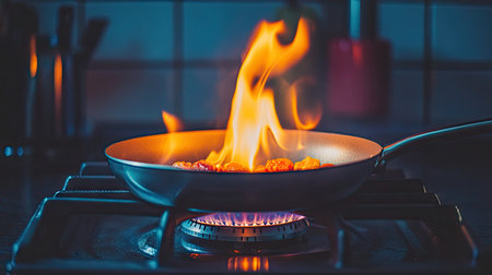 A dramatic shot of flames under a frying pan on a gas stove, heating up ingredients for a delicious recipe.の素材