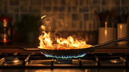 A dramatic shot of flames under a frying pan on a gas stove, heating up ingredients for a delicious recipe.の素材