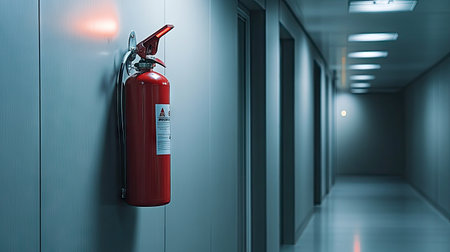 A modern fire extinguisher mounted on a sleek gray wall in a commercial building, with an emergency light above itの素材