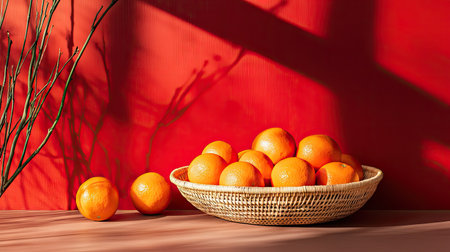A minimalist setup featuring a rattan basket with oranges, surrounded by subtle red and gold accentsの素材