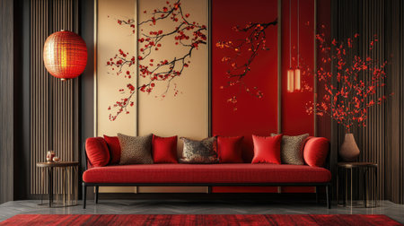 A modern take on Chinese New Year decor with minimalist red and gold accents, featuring traditional symbols in a contemporary styleの素材