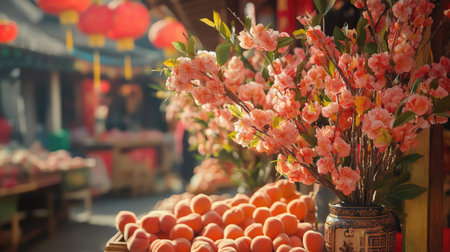 A vibrant outdoor market stall filled with blooming peach branches and other festive decorations for Chinese New Yearの素材