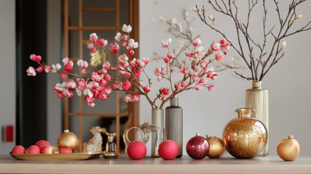 A modern Chinese New Year display featuring peach blossoms on a minimalist table with golden accents and festive ornamentsの素材