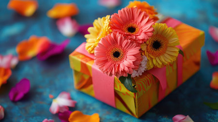 A vibrant gift box wrapped in bright paper with fresh gerberas and carnations arranged on top, surrounded by scattered petalsの素材