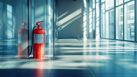 A neatly installed fire extinguisher in a glass case on a building floor, highlighted by natural light from nearby windowsの素材