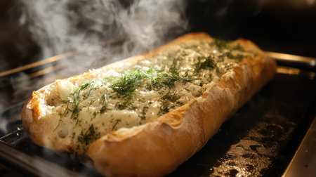 A steaming hot baguette fresh from the oven, brushed with garlic butter and sprinkled with rosemary and dillの素材