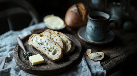 A rustic breakfast scene featuring slices of garlic and herb baguette, served with butter and a hot cup of coffeeの素材