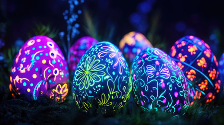 A magical Easter setting with glow-in-the-dark eggs painted with neon designs against a dark backgroundの素材