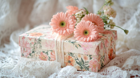 A vintage-style gift box wrapped in floral-patterned paper, adorned with fresh pink gerberas and carnations, displayed on a lace clothの素材
