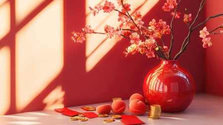 A vibrant Chinese New Year setup with blooming peach branches in a red vase, surrounded by traditional red envelopes and gold coinsの素材