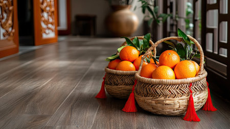 A pair of rattan baskets filled with oranges and decorated with red tassels, placed on a wooden floor for the celebrationの素材