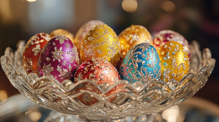 Easter eggs decorated with shimmering glitter and rhinestones arranged in an ornate crystal bowlの素材