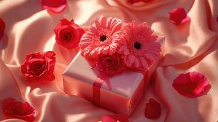 A romantic-themed gift box decorated with fresh red gerberas and pink carnations, surrounded by rose petals on a silk surfaceの素材