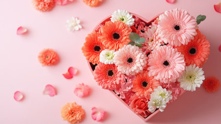 A unique gift box with fresh gerberas and carnations forming a heart shape on the lid, set against a soft pastel backdropの素材