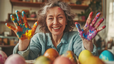 A woman with a playful smile showing off her hands covered in paint while working on Easter eggs at a lively family gatheringの素材