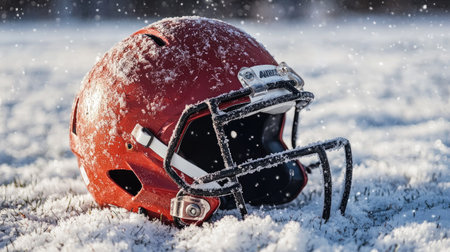 A helmet lying on snow-covered turf, emphasizing a winter football game theme.の素材