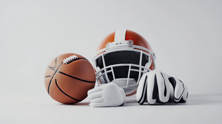 A group of sports gear items like a basketball, football helmet, and workout gloves, isolated on a clean white background.の素材