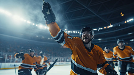 A hockey player celebrating a goal, raising their stick high with teammates skating toward them.の素材