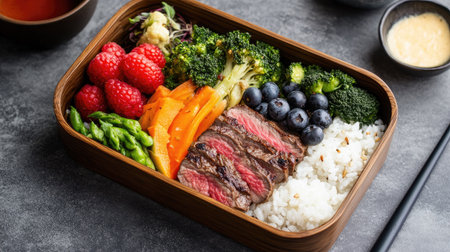 A Japanese bento box with rice, sliced beef, steamed vegetables, and a few fresh berries on the side.の素材