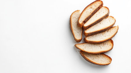 Overlapping slices of toast bread in a natural arrangement, isolated on a bright white background with soft lightingの素材
