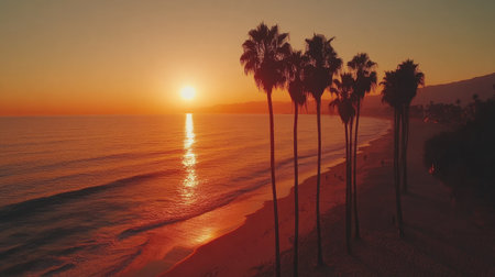 Palm trees lined up along a beach with the sun setting in the distance, painting the sky in warm golden and red tonesの素材