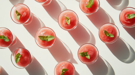 Overhead view of chilled watermelon slushie glasses, decorated with fresh mint and served on a bright white tableの素材